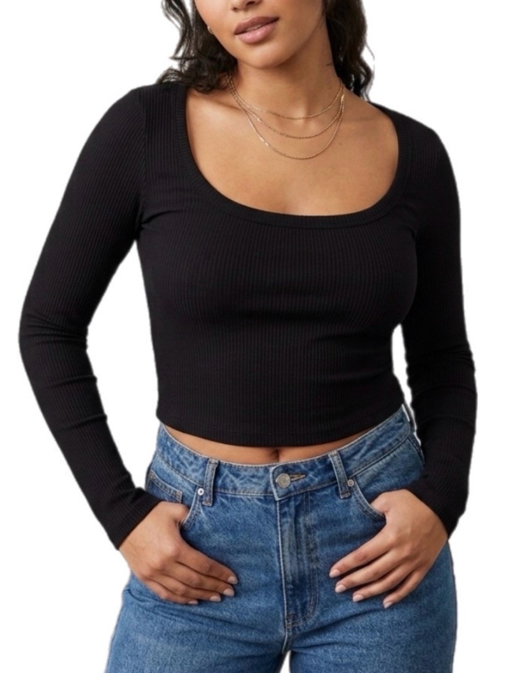 Y2K M Unbranded Missing Tag Women's Black Ribbed Long-Sleeve Crop Top Shirt